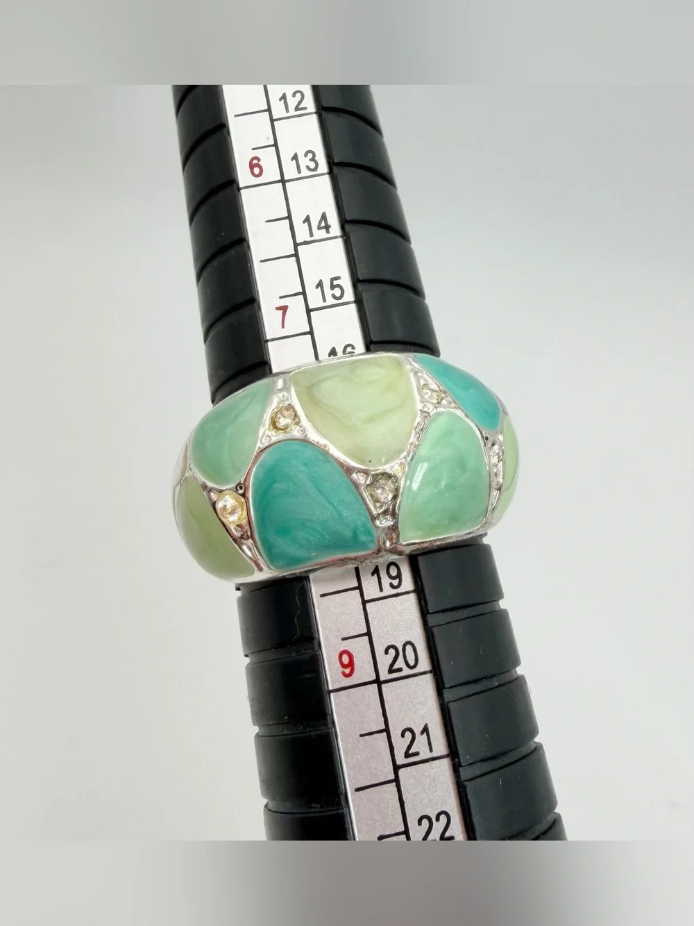 Silver Tone Green Mosaic Enamel Dome Ring